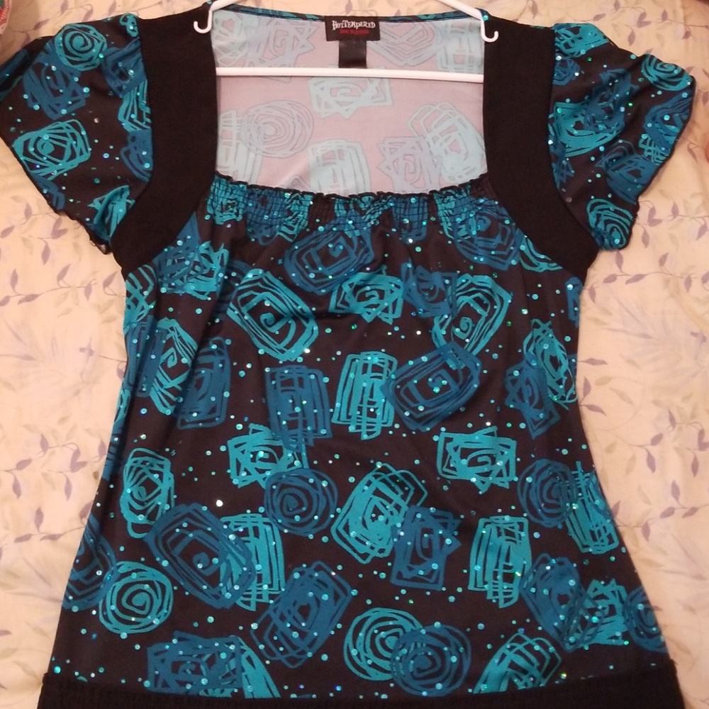 Turquoise and black blouse